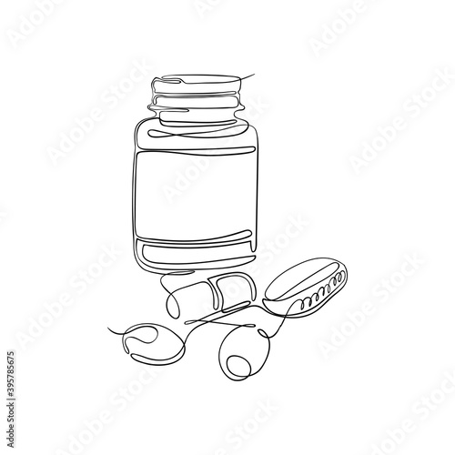 Vector illustration of tablets, vitamins and pills in a plastic jar drawn by one endless line. Medicines, medicine and beauty photo