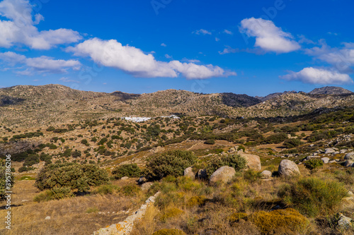 Panoramic view of stony landscapes and unique geological formations near Volax, Tinos - Cyclades, Greece