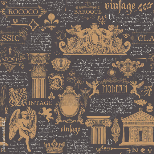 Seamless pattern on theme of vintage art and Antiques. Vector background with handwritten text lorem ipsum, sketches and drawings on a dark backdrop. Wallpaper, wrapping paper or fabric in retro style