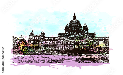 Building view with landmark of Downtown is the
Neighbourhood of Victoria, Canada. Watercolour splash with hand drawn sketch illustration in vector.