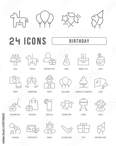 Set of linear icons of Birthday