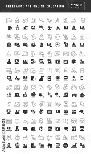 Set of simple icons of Freelance and Online Education