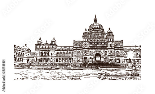Building view with landmark of Downtown is the
Neighbourhood of Victoria, Canada. Hand drawn sketch illustration in vector.
