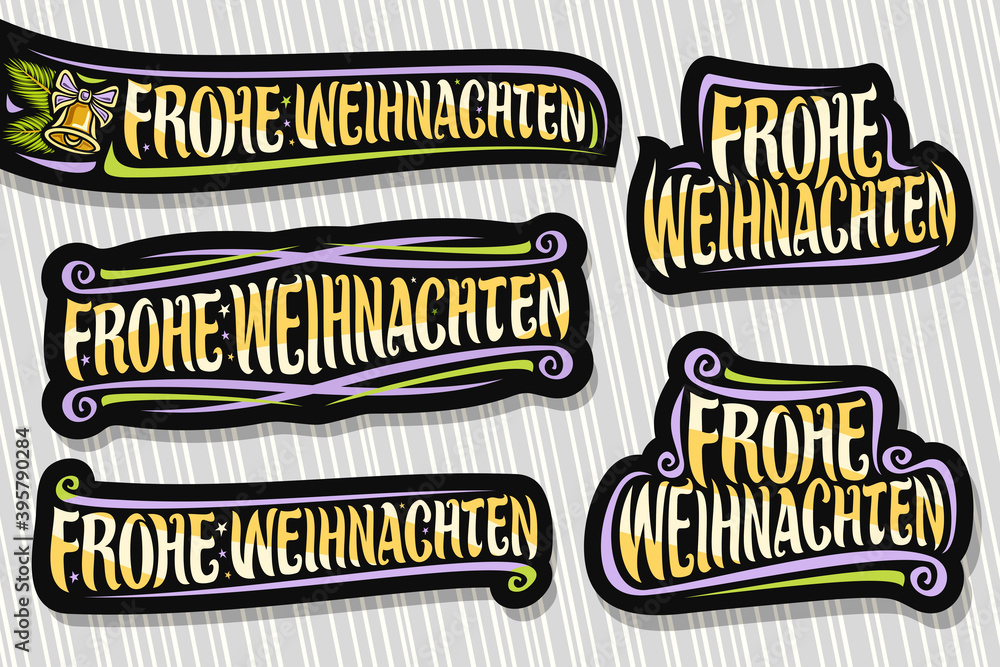 Vector set for Merry Christmas in German language, 5 dark logos with german text frohe