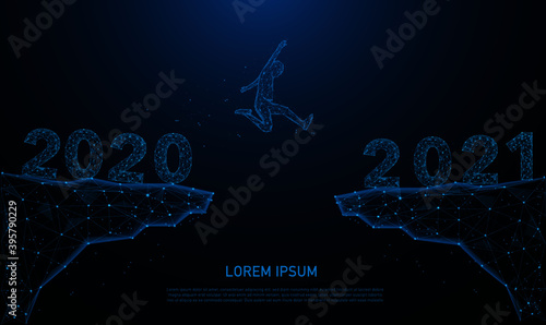 Businessman jump between 2020 and 2021 years.glowing blue. Low polygon, particle, and triangle style design.Wireframe light connection structure.happy new year 2021.