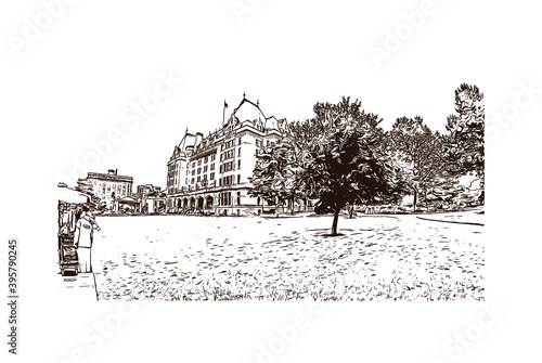 Building view with landmark of Downtown is the
Neighbourhood of Victoria, Canada. Hand drawn sketch illustration in vector.