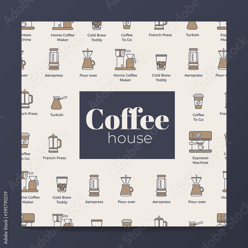 Simple line pattern of coffee shop.  Turk, espresso machine, aeropress, coffee to go, coffee pot, puer-over, french press, home coffee maker vector illustration.