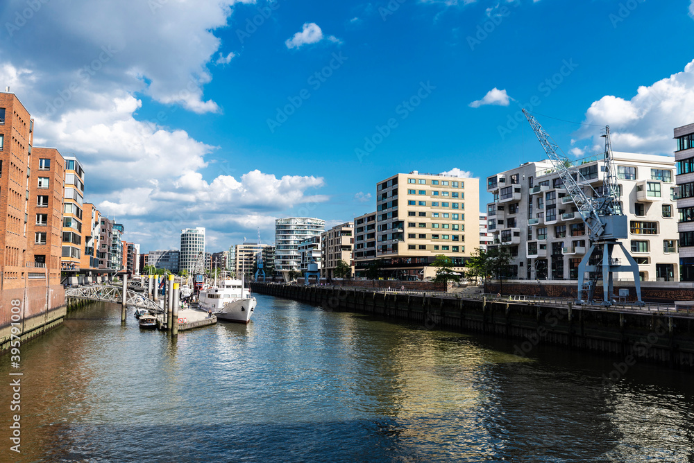 Modern buildings and a pier in HafenCity, Hamburg, Germany