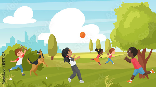 Kids play in summer park vector illustration. Cartoon child training pet dog, children have fun, running and playing with ball on green grass field, outdoor sport activity in childhood background