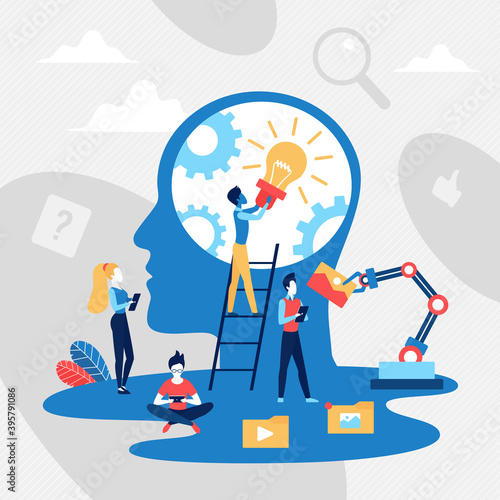 Load creative idea concept vector illustration. Cartoon tiny people group uploading new idea light bulb, creating inspiration data for thinking in human brain, abstract big head of person background