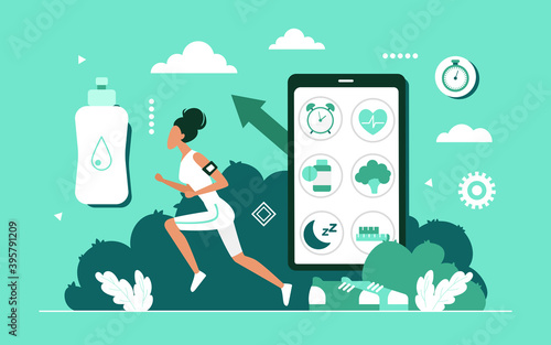 Cardio sport training workout, healthy lifestyle concept vector illustration. Cartoon mobile app for active runner athlete on smartphone screen and woman character jogging, running in park background