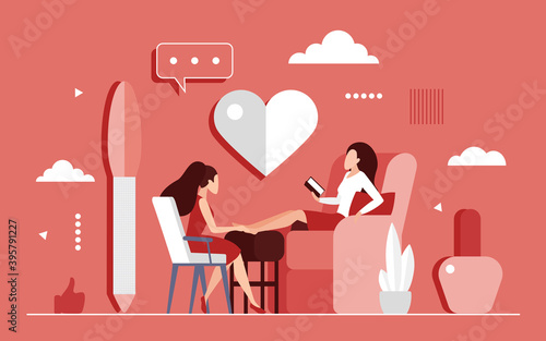 Pedicure in beauty salon concept vector illustration. Cartoon beautician pedicure service in nail studio, body care spa procedures and relaxing pedicure treatment for female feet flat background