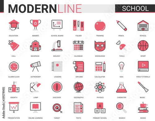 School education flat line icon vector illustration set with outline schooling ui mobile app collection of educational items for students and school subjects, editable stroke study symbols