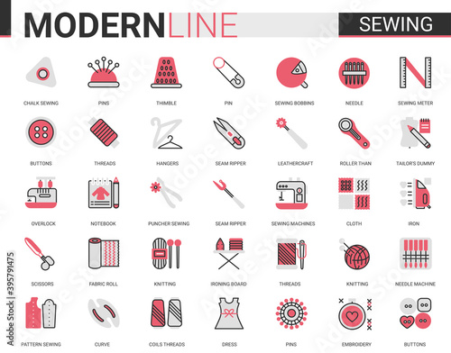 Sewing tailoring thin red black flat line icon vector illustration set. Outline tailor needlework app symbols, equipment and items collection for embroidery knitting or sewing clothes work
