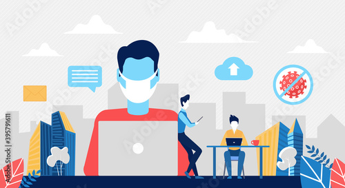 Remote work to avoid coronavirus covid19 vector illustration. Cartoon freelancer man character in mask working online with laptop from home during quarantine, remote business freelance job background