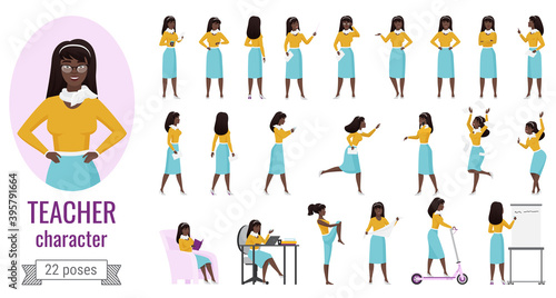 Teacher woman poses vector illustration set. Cartoon female teacher or office worker character or standing at whiteboard flipchart, gesturing, working on lecture presentation isolated on white