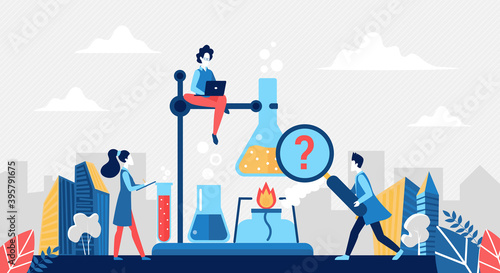 Science lab research concept vector illustration. Cartoon tiny team of scientist researcher people working on innovation experiment in flask test tube, scientific chemistry laboratory work background