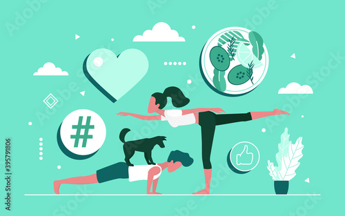 Practice yoga together concept vector illustration. Cartoon yogi people group doing yoga exercises, practicing fitness workout, sport and healthy eating diet, lifestyle for body health background