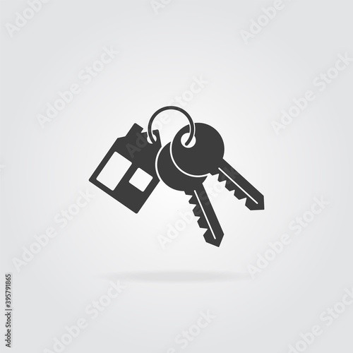 House key chain with two keys. Mortgage or rent house concept icon. Silhouette, of bunch keys. Vector