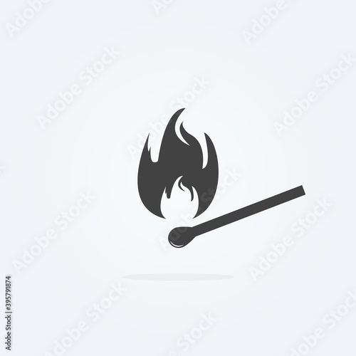 Icon of safety match. Fire, light, flames. Burning match icon on grey background. Vector