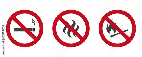 Prohibited smoking and open fire. No smoking, No open flame and do not smoke. Forbidden red sign. Vector