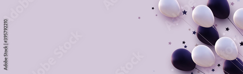 Matt dark violet and white balloons with threads on white background.
