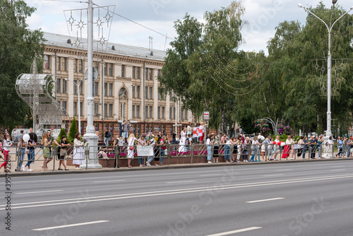 Minsk, Belarus - August 10 2020: The largest Belarusian protests and political demonstrations in the Belarus's history against the Belarusian government and President Alexander Lukashenko