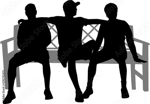 Black silhouettes of peopley sitting on a bench.