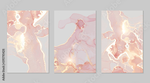 Pink, coral, peach and gold marble abstract backgrounds. Set of alcohol ink technique vector stone textures. Modern paint with glitter. Template for banner, poster design. Fluid art painting