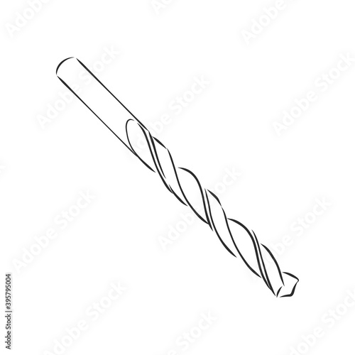 drill bit vector sketch illustration. Vector illustration for posters, decoration and print. Hand drawn sketch of a drill bit tool in black isolated on white background. vintage etching style drawing.
