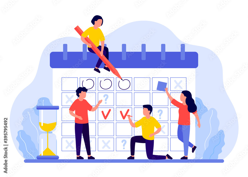 Schedule, calendar, planner concept. Group of people plans, marks dates, deadlines. Business team organizes workflow. Vector illustration Schedule, calendar, planner concept. Group of people plans, marks dates, deadlines. Business team organizes workflow. Vector illustration