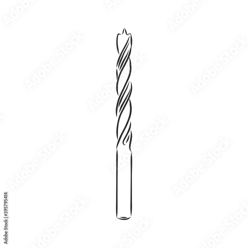 drill bit vector sketch illustration. Vector illustration for posters, decoration and print. Hand drawn sketch of a drill bit tool in black isolated on white background. vintage etching style drawing.