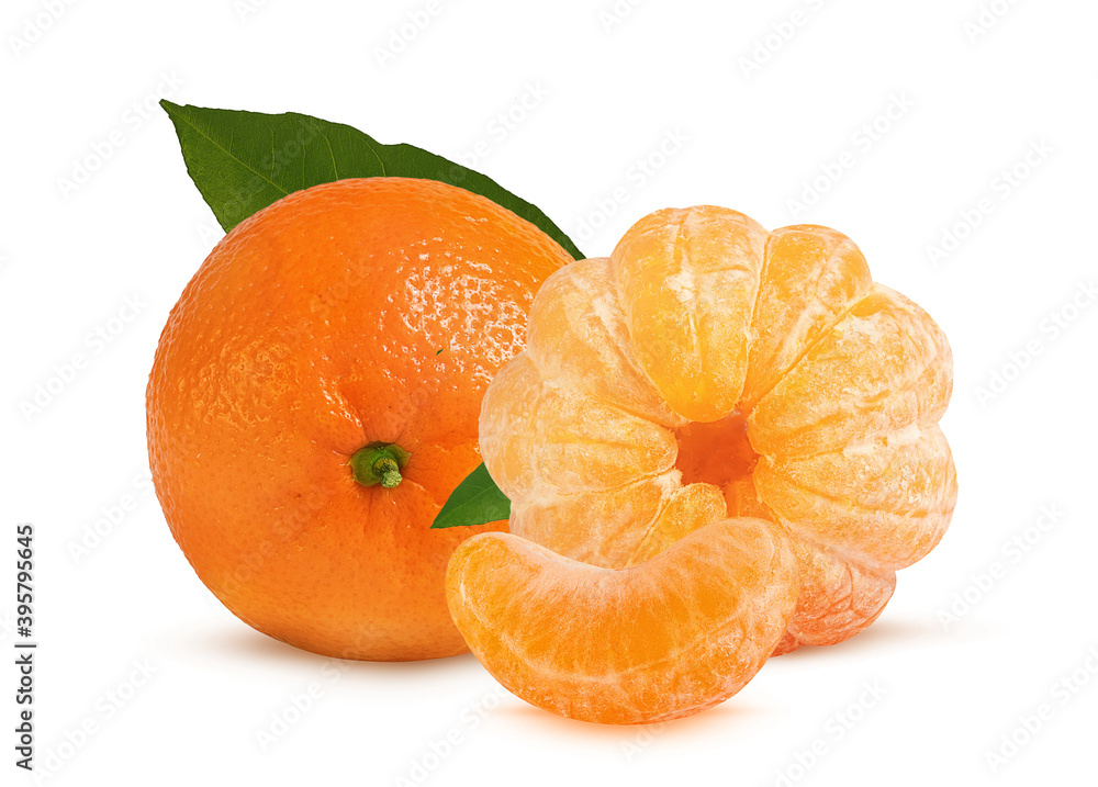 ripe and sweet tangerine with green leaves on a white background ripe and sweet tangerine with green leaves on a white background