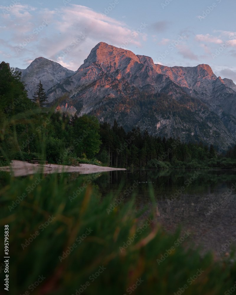 Alpine lake at sunset.