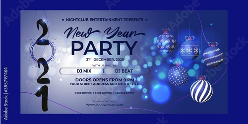 Vector illustration of New Year 2021 party invitation poster with beautiful bokeh background, New year DJ party poster , flyer, big party, free drinks & food, dj night, disco night