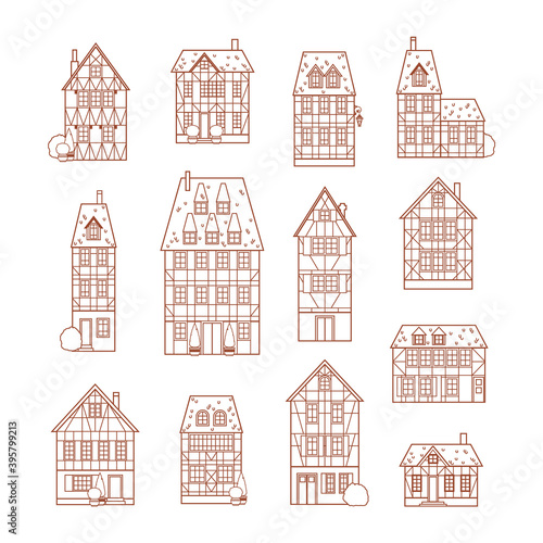 Timber-framed buildings set. Old houses. Europe