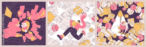 Concept square illustration about people suffering from ocd obsessive compulsive disorder and collection things and boxes. Pink and yellow scenes drawn with sad characters