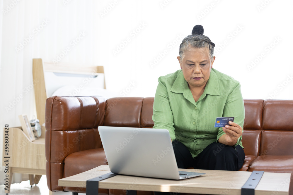 senior woman using laptop computer for shopping online and paying with credit card