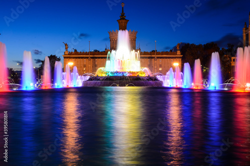 MOSCOW, RUSSIA - September 13, 2020: Beautiful fountain at VDNKh (VDNH) park at night