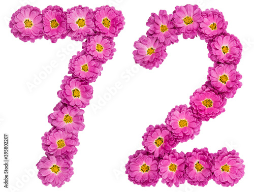 Arabic numeral 72, seventy two, from flowers of chrysanthemum, isolated on white background