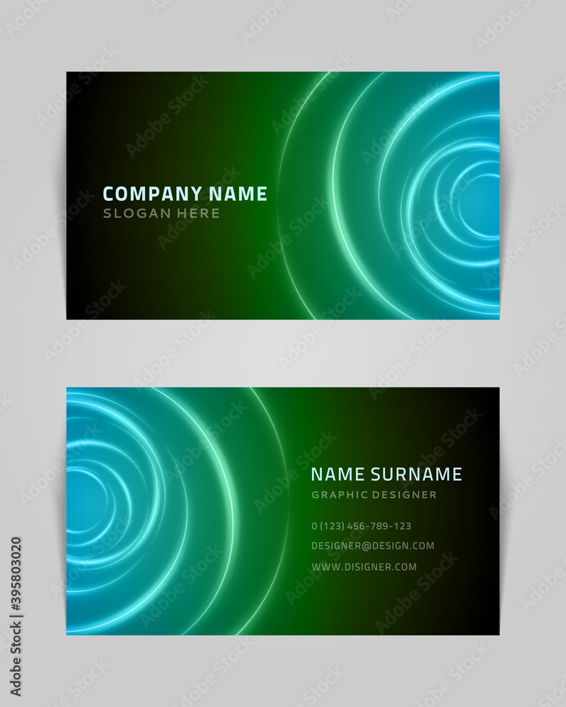 Fototapeta premium Business card with abstract circular waves vector template. Green sound vibration running through water with bright creative gradient.