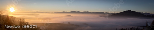 panoramic view ground fog in area named "Steirisches Almenland" near Semriach in Styria, Austria