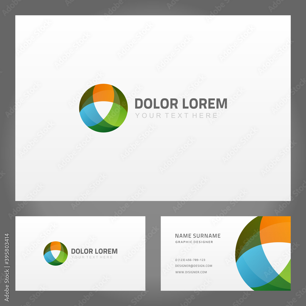 Business abstract card with logo sphere vector banner. Orange circle with geometric green oval and blue symbolic flower.