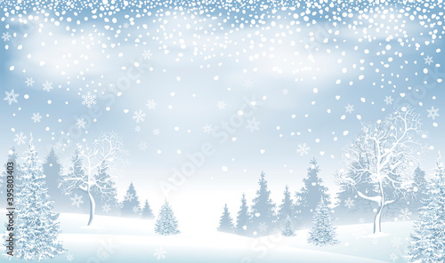 Winter landscape forest snow snowflakes. Winter landscape. Snow-covered forest, spruce and snow-covered trees. Snowfall. Snow, snowflakes. Winter scene © Oleg Lytvynenko