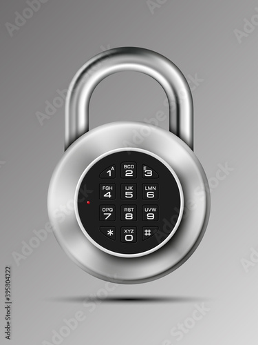 realistic closed padlock. Steel Mechanical Combination lock. Privacy padlock illustration. Enter the PIN code. Electronic lock icon. Reliable Protection padlock badge. Code combination symbol
