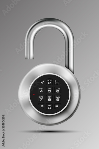 realistic opened padlock. Steel Mechanical Combination lock. Privacy padlock illustration. Enter the PIN code. Electronic open lock icon. Reliable padlock Protection badge. Code combination symbol