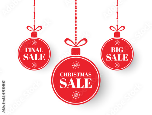 Christmas labels. Red xmas balls with sign sale, special offer. Merry Christmas and New Year sale balls. Holiday price design elements. Winter tag. Red circle banner with bow. Vector illustration