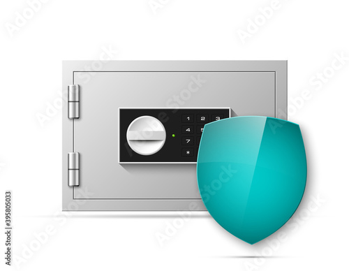 safe shield image. Armored box background. Door bank vault & mechanical combination lock. Reliable Data Protection. Long-term savings. Deposit box shield icon.Protection of personal information