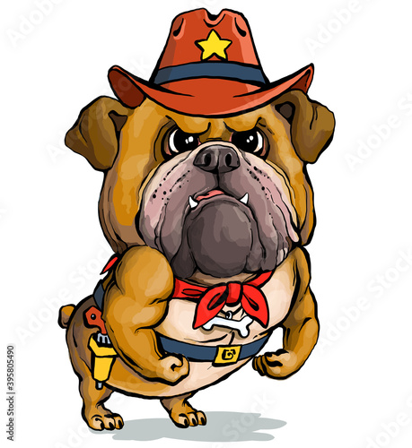 Vector illustration. Funny cartoon. A parody portrait of a stern English sheriff bulldog showing off his muscles.