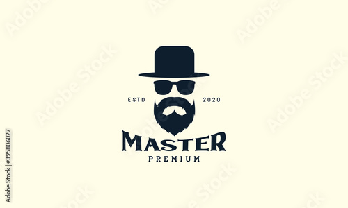 cool man with beard mustache sunglasses and hat black logo vector icon design illustration